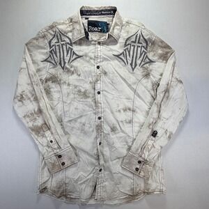 Roar‎ Mens X Large Long Sleeve Button Up Shirt Tribal Cross Embroidered Tie Dye
